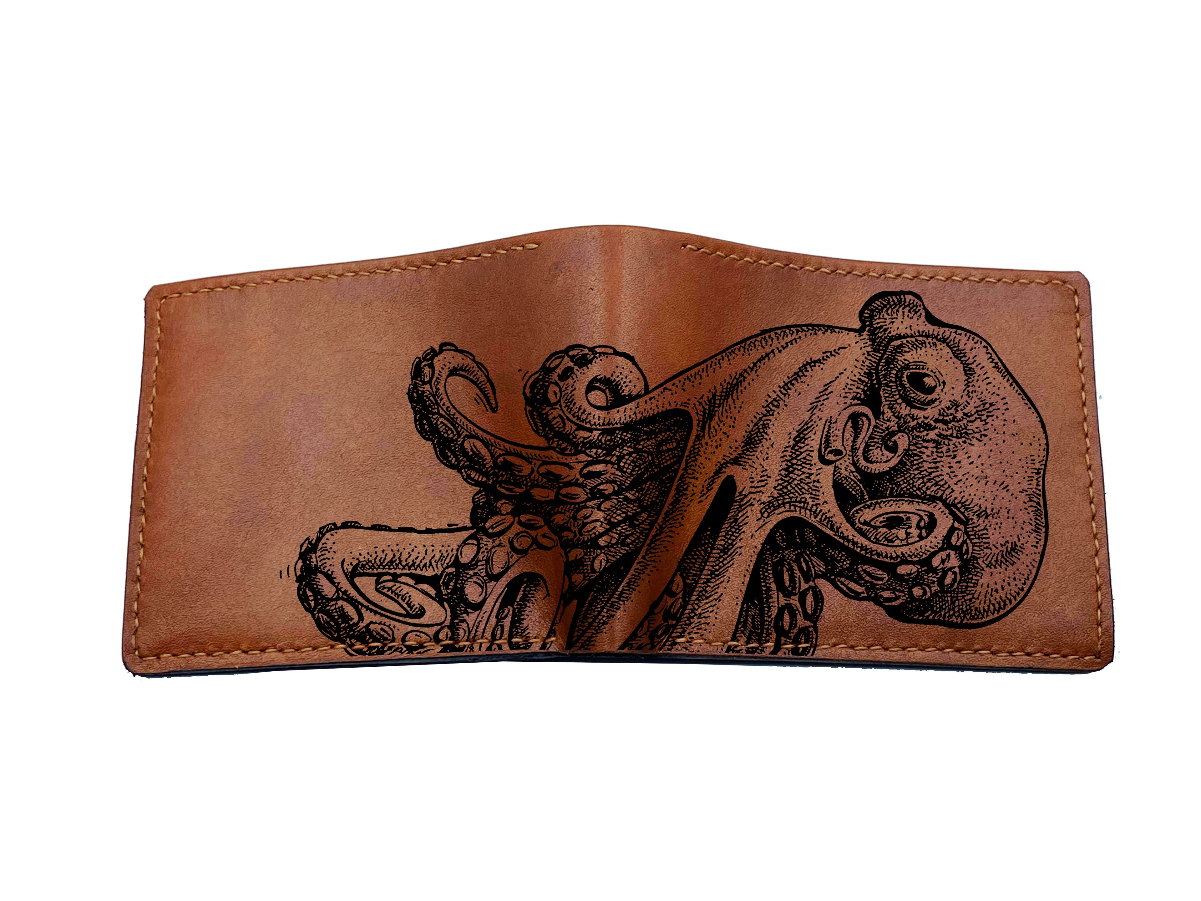 Personalized leather men's wallet, octopus pattern wallet, ocean sea summer gift for him, christmas gift idea for men, sea lover present