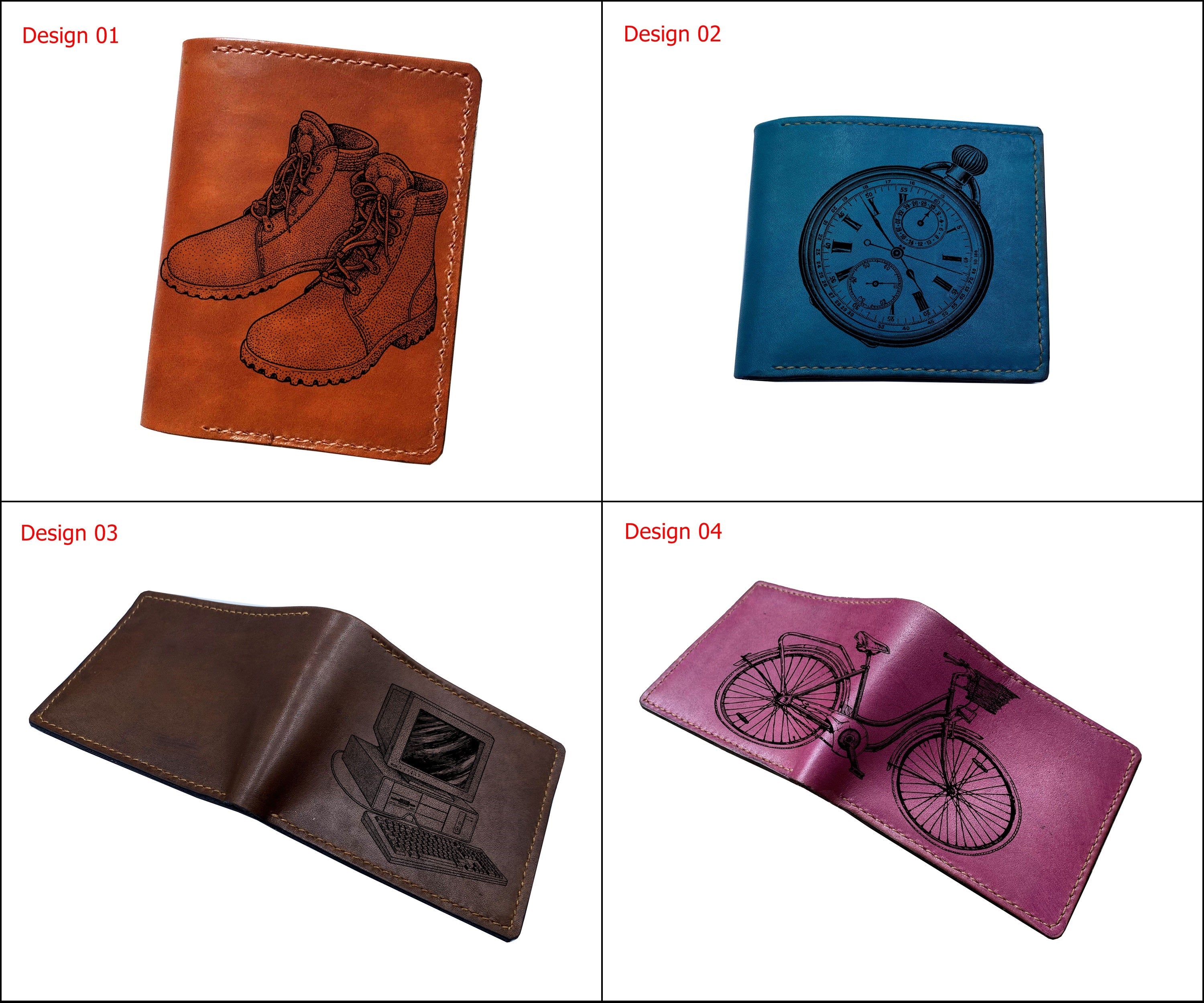 Mayan Corner - Vintage object things drawing, leather handmade wallet with shoes engraving, retro style bifold leather gift for men, wallet for him