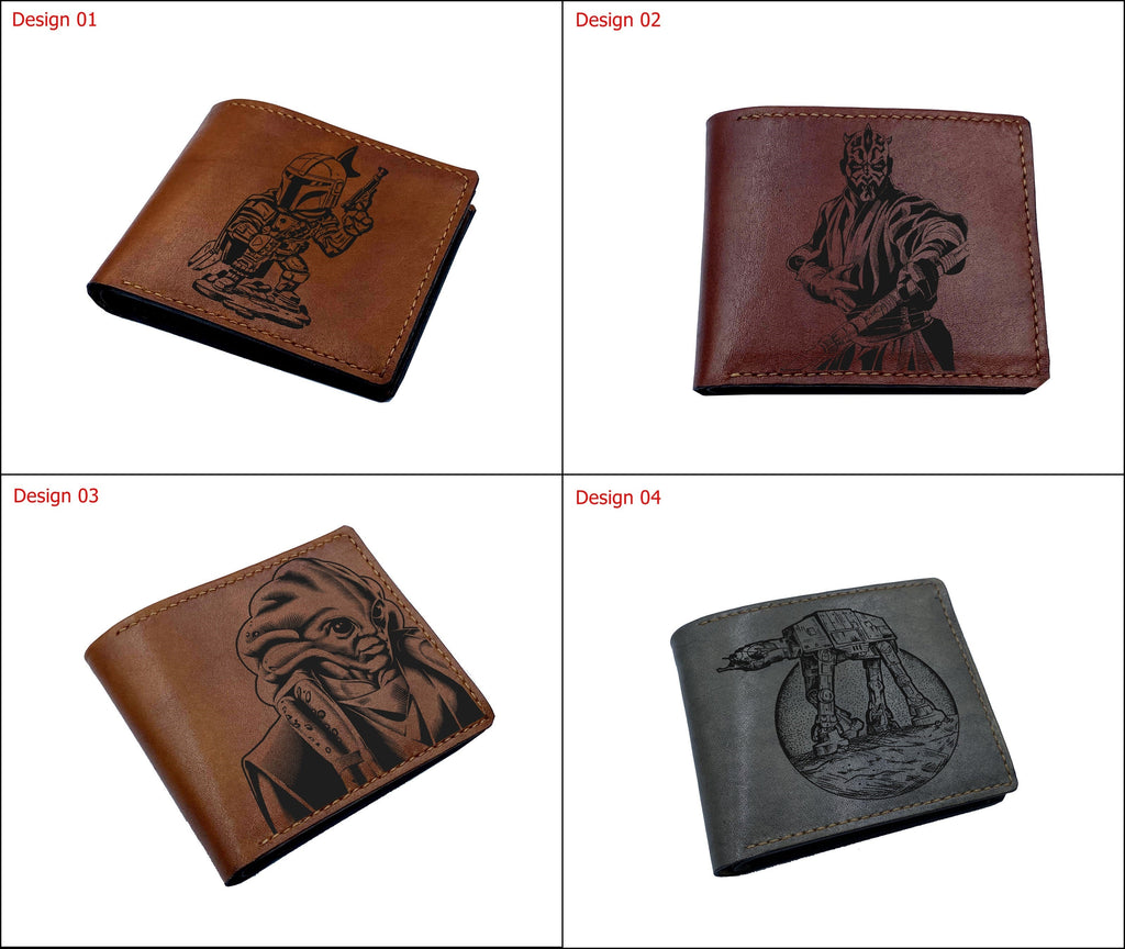 Genuine handmade leather wallet, premium leather gift ideas for men, Starwars characters art drawing, valentine gift ideas for boyfriend