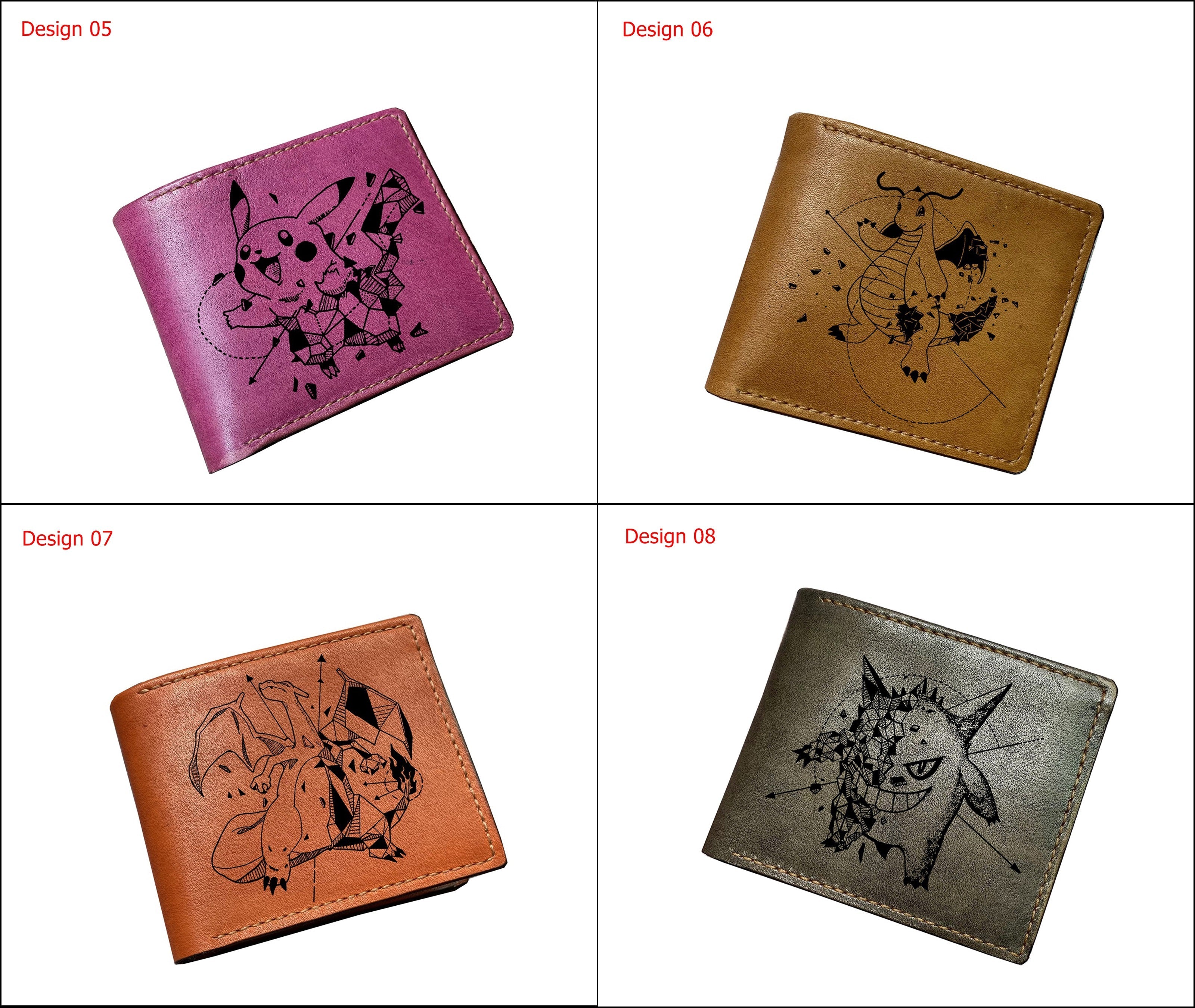 Mayan Corner - Pokemon geometric art leather handmade wallet, leather gift for dad, husband, brother - Dragonite evolution
