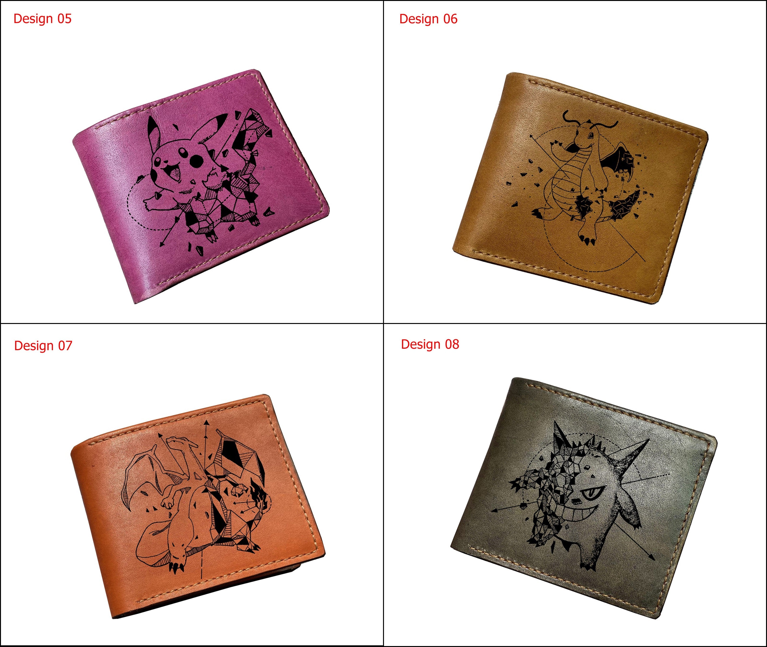 Mayan Corner - Pokemon geometric art leather handmade wallet, leather gift for dad, husband, brother - Mewtwo