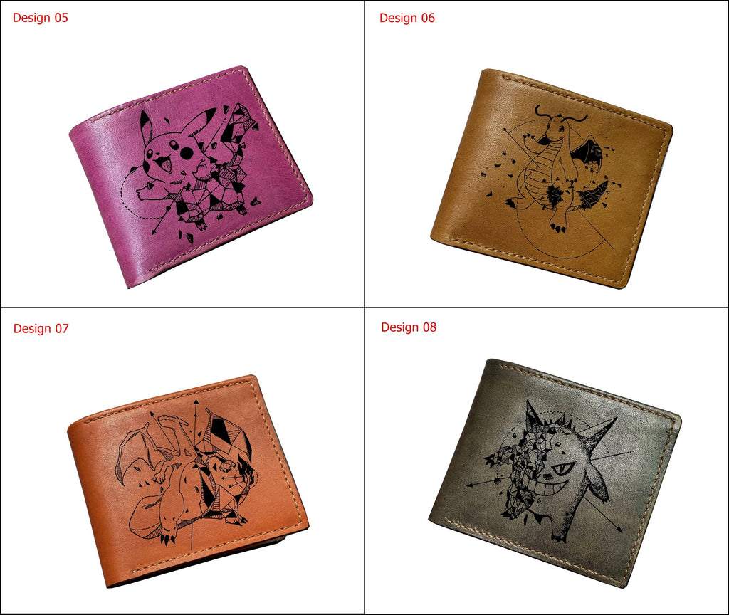 Mayan Corner - Pokemon geometric art leather handmade wallet, leather gift for dad, husband, brother - Charizard charmander